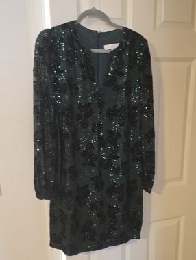 ANN TAYLOR LOFT Teal Green Sequin Long Sleeve Shift Dress